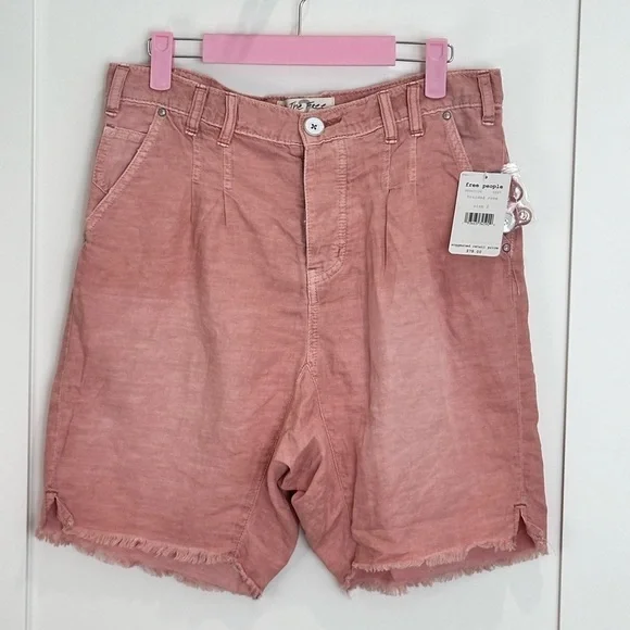 Free People Utility Harem Linen Bermuda Jean Shorts Bohemian Braided Rose Pink 2 - Picture 5 of 15